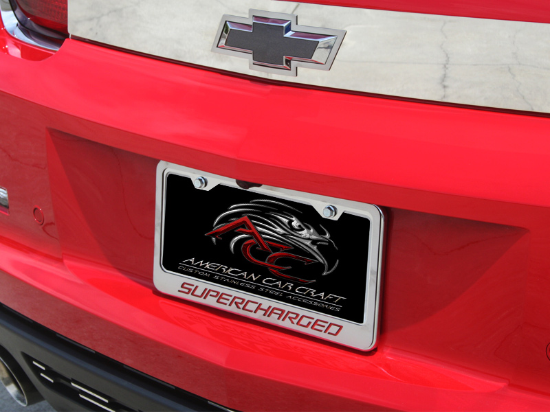 Camaro License Frame Chrome/Satin "Supercharged" Style, ;  Bright Red Solid